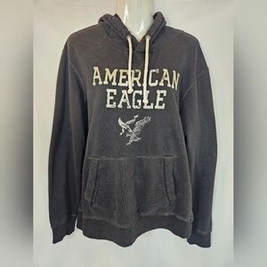 American Eagle Vintage Fleece Hoodie M Gray Distressed Logo Classic Fit